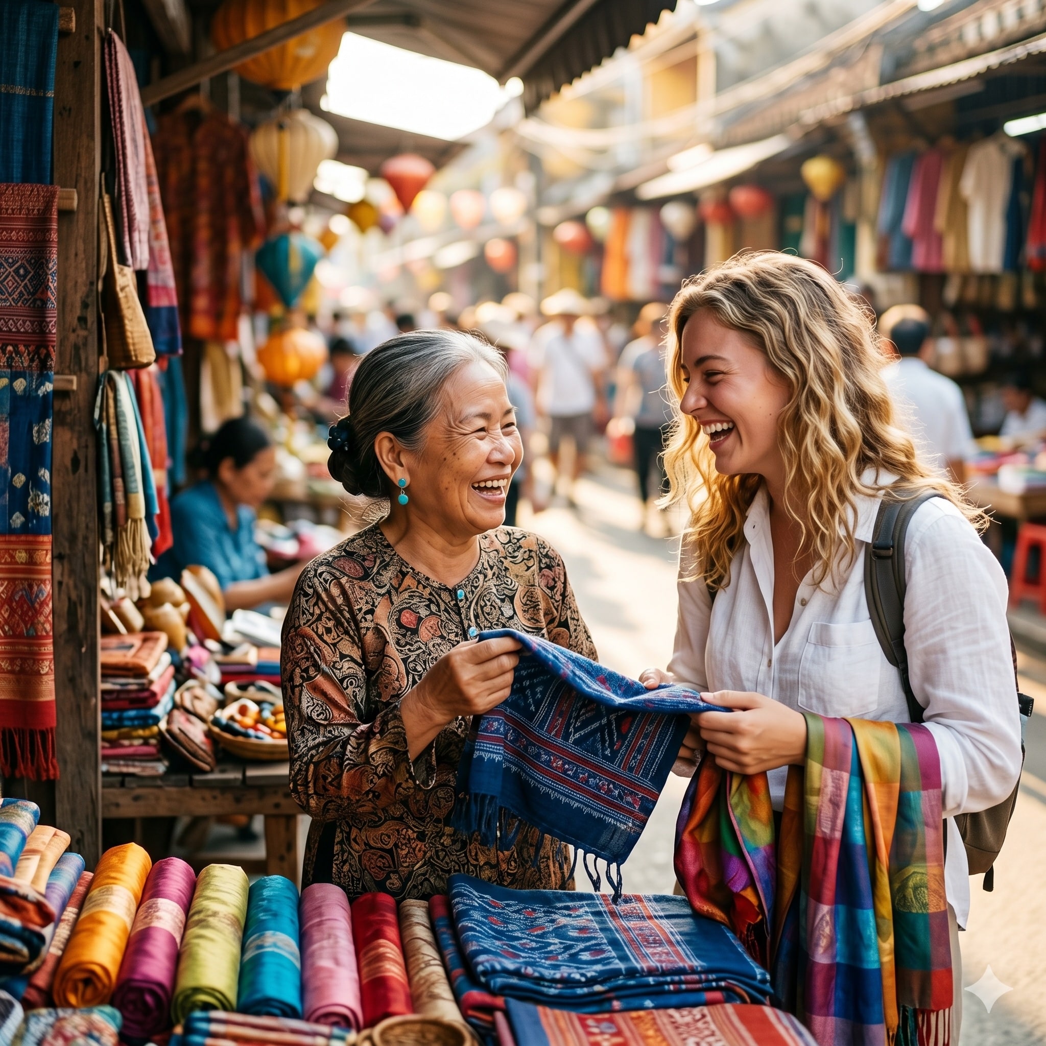 A business owner surrounded by flags representing a multilingual AI voice agent for websites